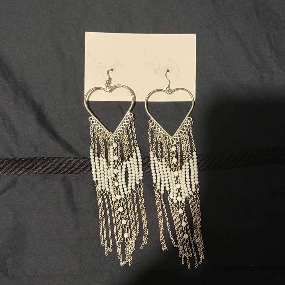 Heart-Shaped Silver and White Beaded Earrings